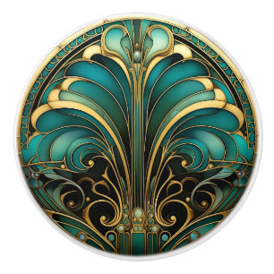 Art Deco Goud Turquoise Abstract Bloeiende Bloem Keramische Knop