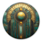 Art Deco Goud Turquoise Abstract Glanzende Zon Keramische Knop (Voorkant)