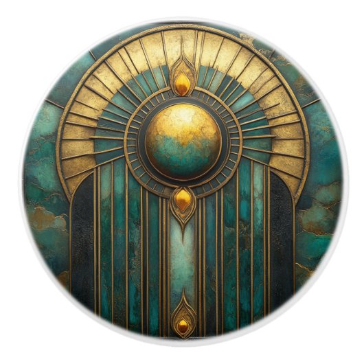Art Deco Goud Turquoise Abstract Glanzende Zon Keramische Knop (Voorkant)
