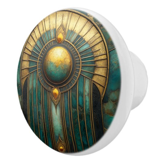 Art Deco Goud Turquoise Abstract Glanzende Zon Keramische Knop (Rechts)