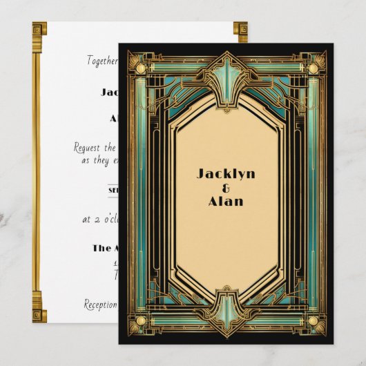 Art Deco Goud Turquoise Zwart Bruiloft Kaart (Voorkant / Achterkant)