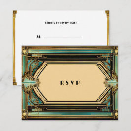Art Deco Goud Turquoise Zwarte Bruiloft RSVP Kaartje
