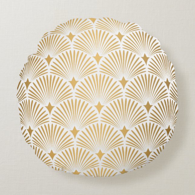 Art Deco: Goud-wit Elegantie. Rond Kussen (Voorkant)