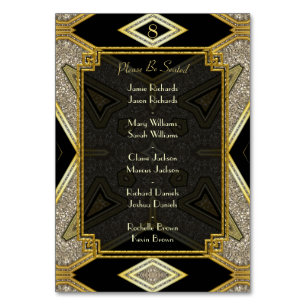 Art Deco Goud Zwart Bruiloft Tafel Nummer & Namen Kaart
