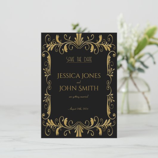 Art deco goud zwart elegante bruiloft uitnodiging (Staand voorkant)