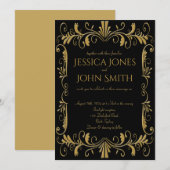 Art deco goud zwart elegante bruiloft uitnodiging (Voorkant / Achterkant)