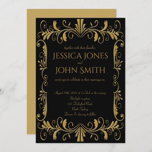 Art deco goud zwart elegante bruiloft uitnodiging (Voorkant / Achterkant)
