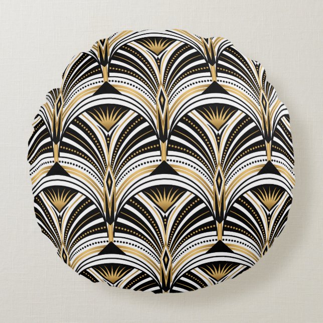 Art Deco Goud Zwart Elegantie: Roaring Twenties Rond Kussen (Voorkant)