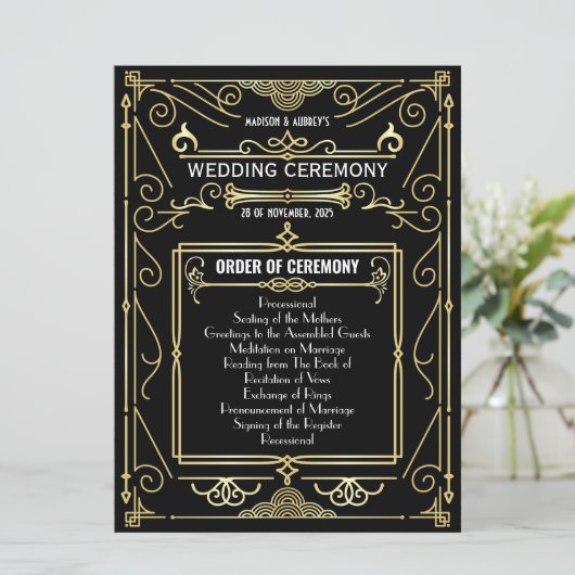 Art Deco Goud Zwart Entourage Orde van Ceremonie Programmakaart (Staand voorkant)