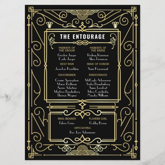 Art Deco Goud Zwart Entourage Orde van Ceremonie Programmakaart (Achterkant)