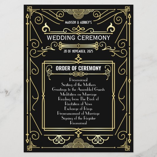 Art Deco Goud Zwart Entourage Orde van Ceremonie Programmakaart (Voorkant)