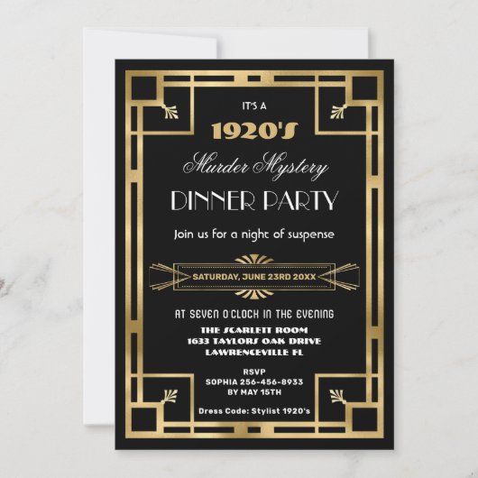 Art Deco Goud Zwart Geometrisch Moord Mysterie Fee Kaart (Voorkant)