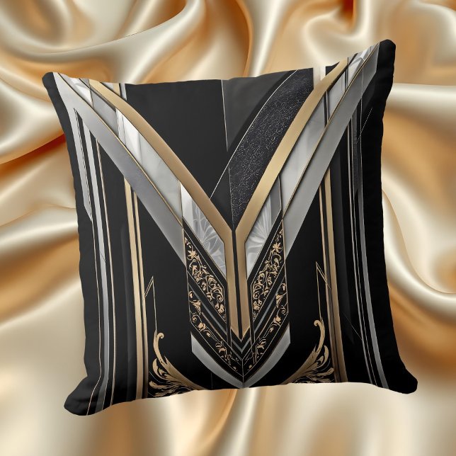 Art Deco Goud Zwart Geometrisch V Design Kussen (Creator heeft geüpload)