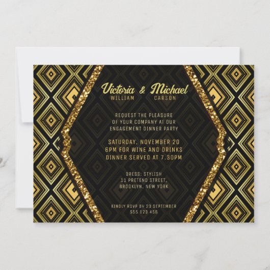 Art Deco Goud Zwart Glamour Gatsby Verloving Kaart (Achterkant)
