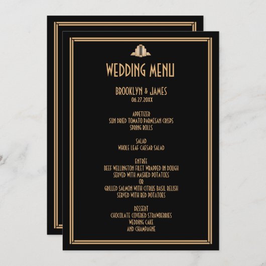 Art Deco Goud Zwart Great Gatsby Trouwmenu Menu (Voorkant / Achterkant)
