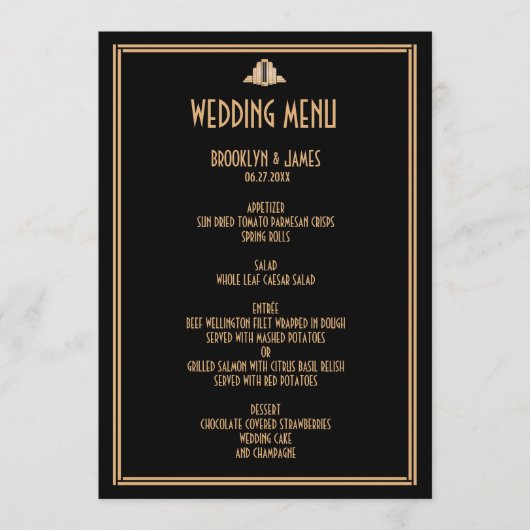 Art Deco Goud Zwart Great Gatsby Trouwmenu Menu (Voorkant)
