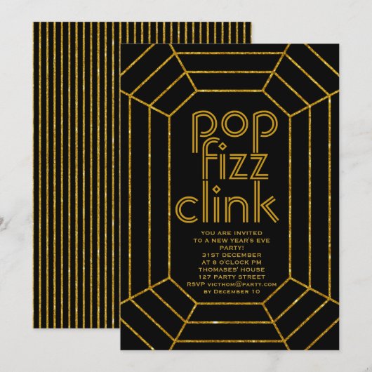 Art Deco goud zwart pop fizz clink Nieuwjaar feest Kaart (Voorkant / Achterkant)