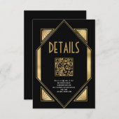 Art Deco Goud Zwart QR Code Bruiloft Details Informatiekaartje (Voorkant / Achterkant)