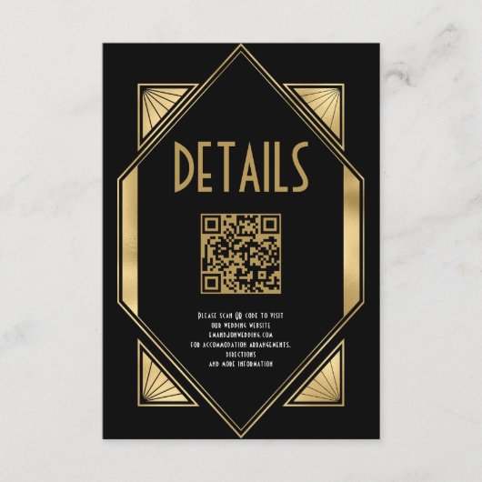 Art Deco Goud Zwart QR Code Bruiloft Details Informatiekaartje (Voorkant)