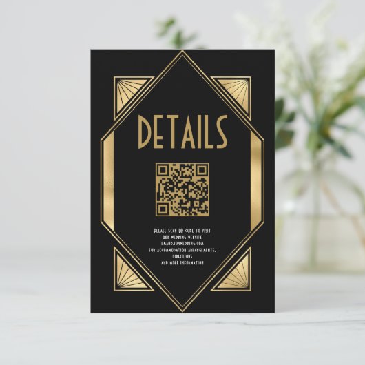 Art Deco Goud Zwart QR Code Bruiloft Details Informatiekaartje (Staand voorkant)
