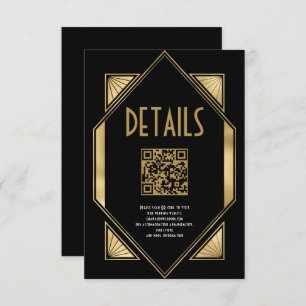Art Deco Goud Zwart QR Code Bruiloft Details Informatiekaartje