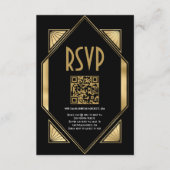 Art Deco Goud Zwart QR Code Bruiloft RSVP Informatiekaartje (Voorkant)