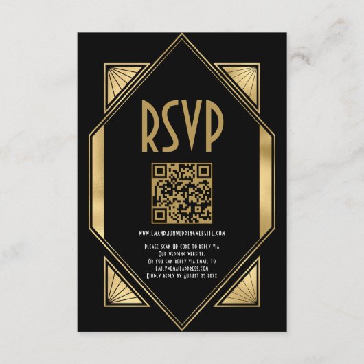 Art Deco Goud Zwart QR Code Bruiloft RSVP Informatiekaartje (Voorkant)
