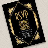 Art Deco Goud Zwart QR Code Bruiloft RSVP Informatiekaartje