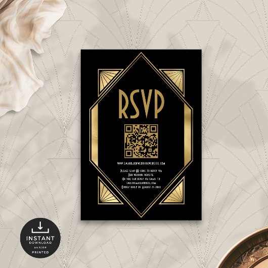 Art Deco Goud Zwart QR Code Bruiloft RSVP Informatiekaartje