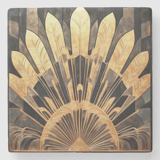 Art Deco Goud Zwart sunburst Motief Stenen Onderzetter (Voorkant)