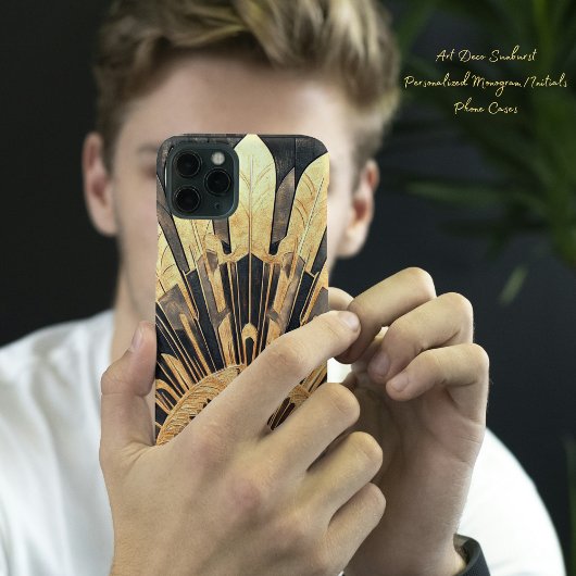 Art Deco Goud Zwart Uw Monogram Sunburst Motief Case-Mate iPhone Case
