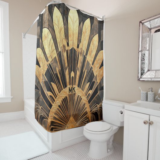 Art Deco Goud Zwart Uw Monogram Sunburst Motief Douchegordijn (In situ)