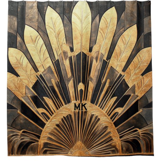 Art Deco Goud Zwart Uw Monogram Sunburst Motief Douchegordijn (Voorkant)
