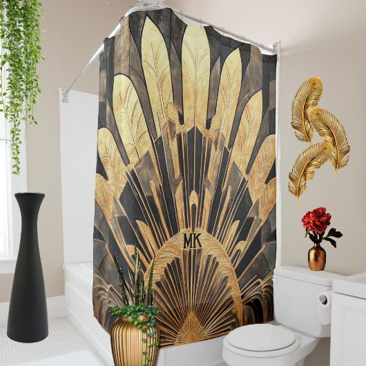 Art Deco Goud Zwart Uw Monogram Sunburst Motief Douchegordijn