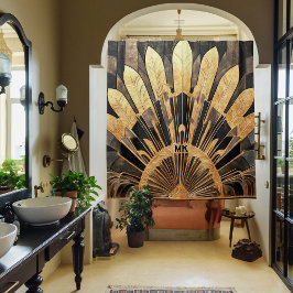 Art Deco Goud Zwart Uw Monogram Sunburst Motief Douchegordijn