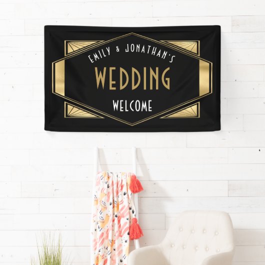 Art Deco Goud Zwart Welkom bij Bruiloft Spandoek (Insitu)