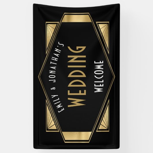 Art Deco Goud Zwart Welkom bij Bruiloft Spandoek (Verticaal)