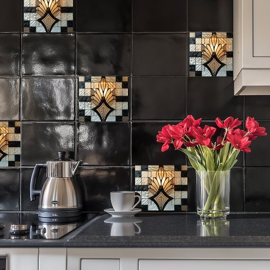 Art Deco Goud Zwart Wit Fan Bloemen Tegeltje