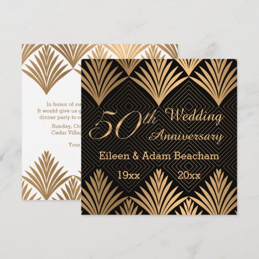 Art deco gouden bladeren 50e Jubileum platte kaart (Voorkant / Achterkant)