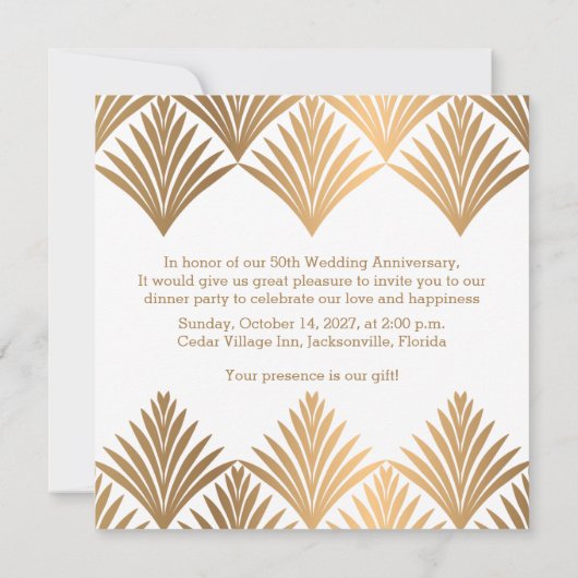 Art deco gouden bladeren 50e Jubileum platte kaart (Achterkant)