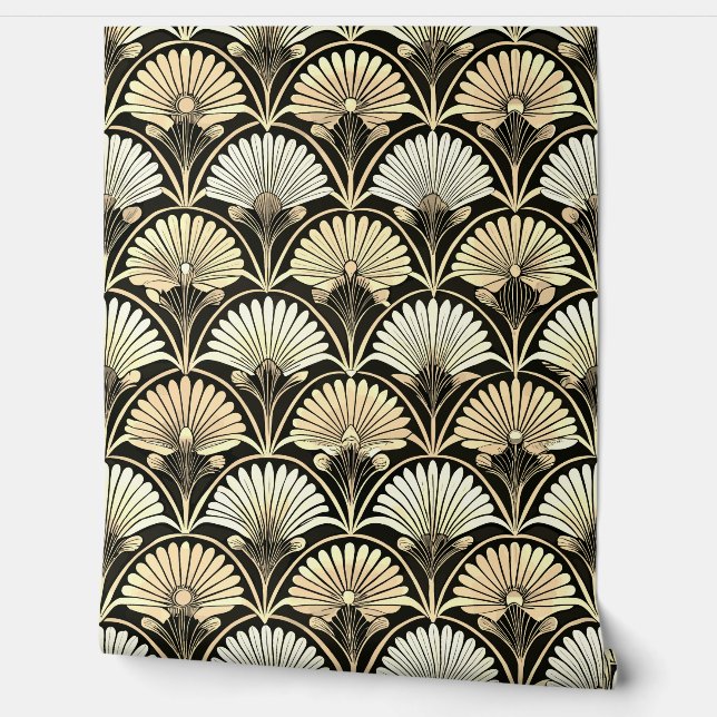 Art Deco Gouden Bloemventilator Accentmuur Behang (Afrollen)