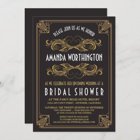 Art Deco Gouden Bruidsdouche Uitnodigingen (Voorkant / Achterkant)