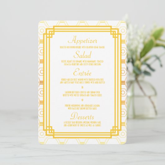 Art Deco Gouden Bruiloft Menu Kaarten (Staand voorkant)