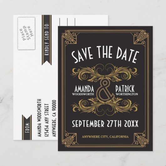 Art Deco  Gouden Bruiloft Save the Date Kaarten (Voorkant / Achterkant)