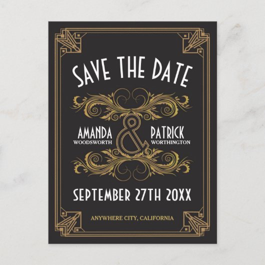 Art Deco Gouden Bruiloft Save the Date Kaarten (Voorkant)