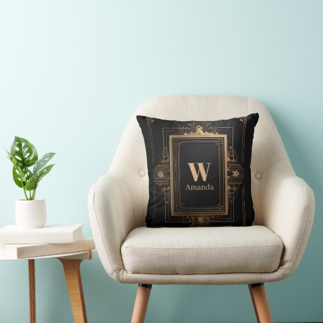 Art Deco gouden frame met aangepaste naam en initi Kussen (Stoel)