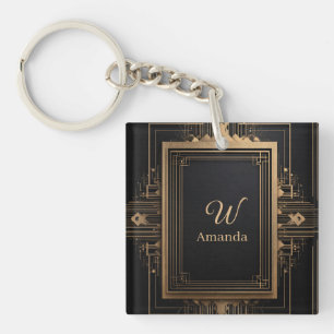 Art Deco gouden frame met aangepaste naam en initi Sleutelhanger