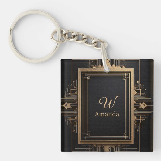 Art Deco gouden frame met aangepaste naam en initi Sleutelhanger (voorkant)