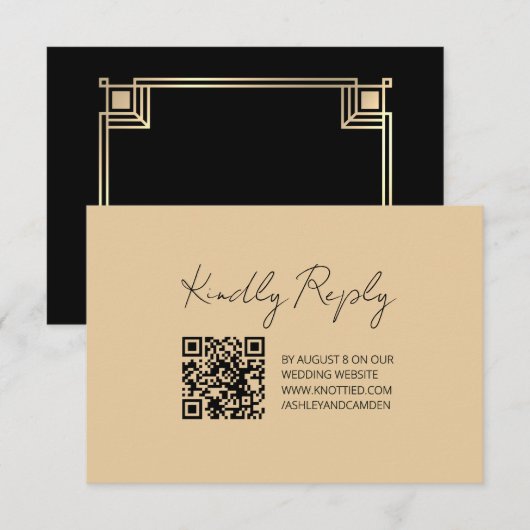 Art Deco Gouden Frame QR Code Huwelijksreactiekaar RSVP Kaartje (Voorkant / Achterkant)