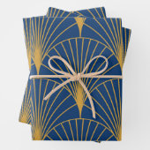 Art Deco Gouden Geometrische Fans op Navy Blue Inpakpapier Vel (In situ)